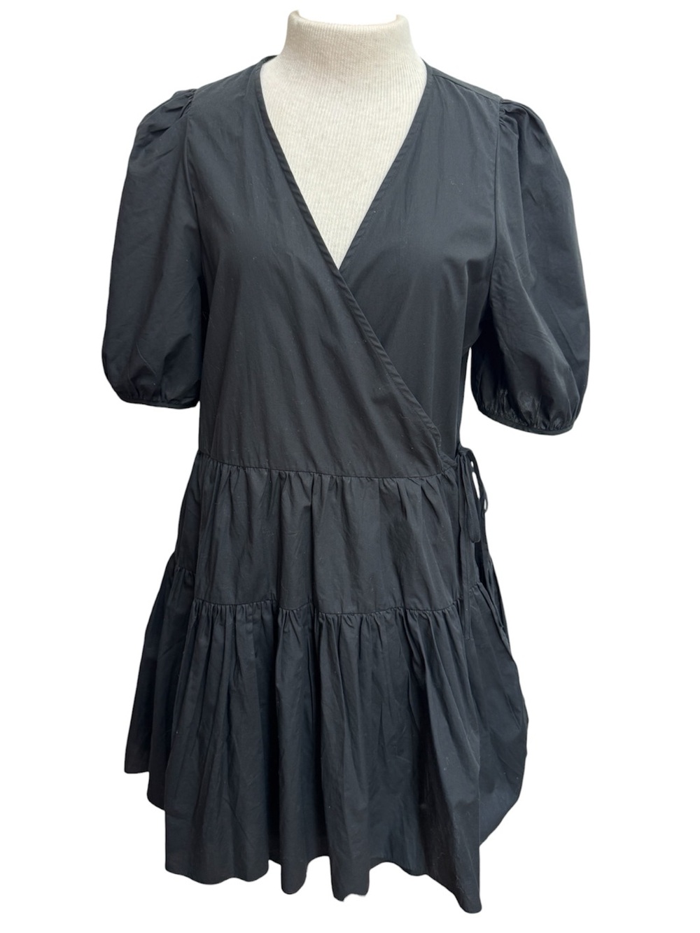 J. Crew Puff Sleeve Cotton Poplin Wrap Dress Women Medium Black Tiered Preppy